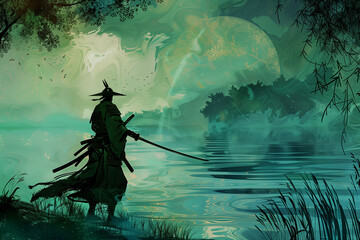 Lone Samurai Standing on the Shore of a Misty Lake at Dawn