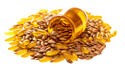 a glass jar on top of brown and yellow flax seeds