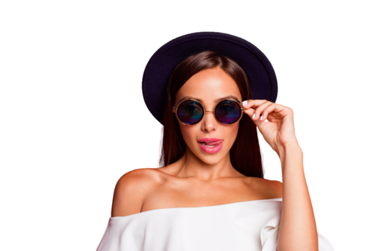 Close-up portrait of nice cute cheerful positive chic charming attractive straight-haired lady wearing white off-the-shoulders top licking lips touching glasses isolated over pastel red background