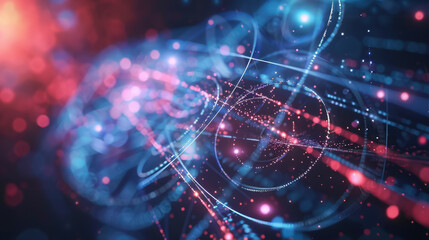 Fototapeta premium quantum physics, science, abstract futuristic background, atoms, electrons, space, stars, neon light, high technology, computer, beauty, design, wallpaper, horizontal, black, purple