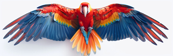 A vibrant scarlet macaw with wings spread wide, showcasing a stunning array of red, blue, and yellow feathers against a white background.