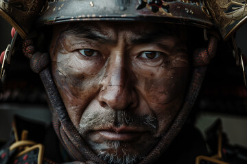 Intense Close-Up Portrait of a Samurai in Traditional Armor