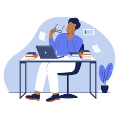 Tired employee sitting at work. Flat vector illustration