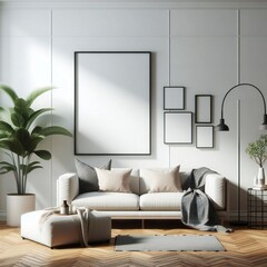A white couch with a rug and a picture frame on the wall image photo attractive card design.