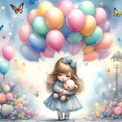 Watercolor painting of little girl holding a bunch of floating balloons.