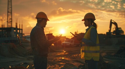 Fototapeta premium A filmic shot of a construction site with a Caucasian male civil engineer and a Hispanic female urban planner conversing while utilizing a tablet