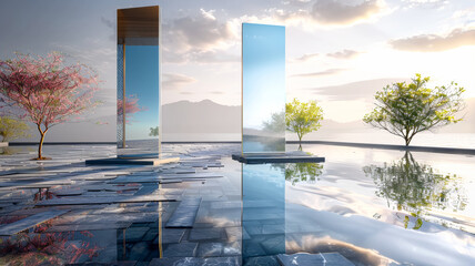 Large rectangular mirror On the quiet water, minimalist, photorealistic scenes, orientalist