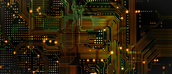 Close-up circuit board with electronic pathways, High-detail image of a circuit board showing intricate electronic connections