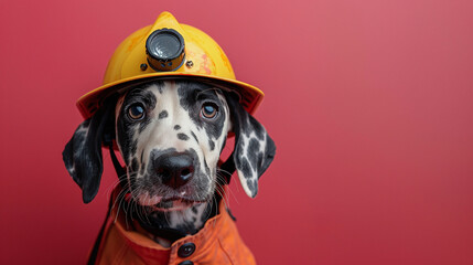 A Dalmatian dog wearing a firefighter helmet and jacket against a red background.