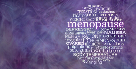 Words associated with the menopause circular word cloud - wispy flowing purple ethereal  background with copy space and a circle of words depicting symptoms of the menopause
