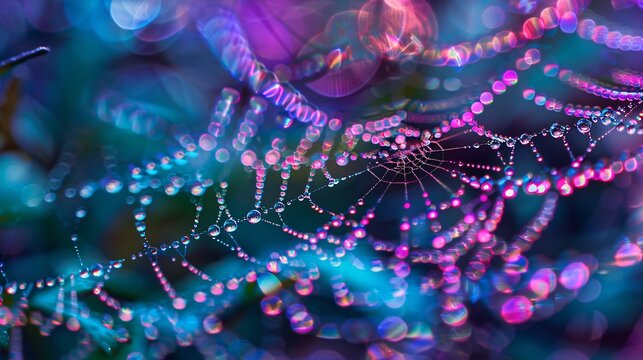Flashing hues and distortion. Vibrant online gradient of azure, teal, and violet. The internet is spun by an arachnid. Obscure conceptual backdrop. Focused or blurred.