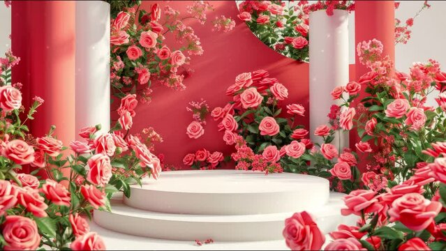 Podium background flower rose product red 3d spring table beauty stand display nature white. Garden rose floral summer background podium cosmetic valentine easter field scene gift red day romantic