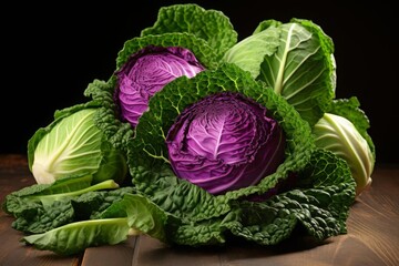 Obraz premium A beautiful photograph of a purple cabbage, with green leaves.