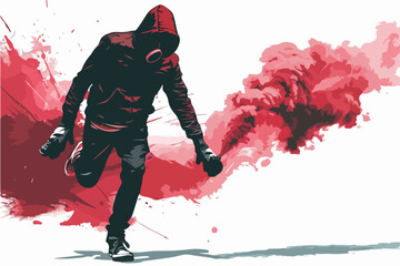 Vector illustration of a football fan with a smoke bomb in his hands. Football fan. Ultras. Revolution. Riot. Protest.