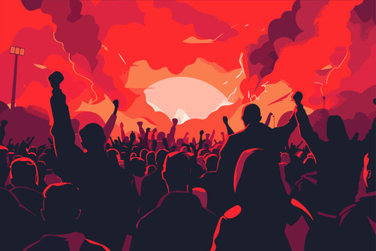 Football fans illustration. Football fans with smoke bombs in their hands. Smoke.