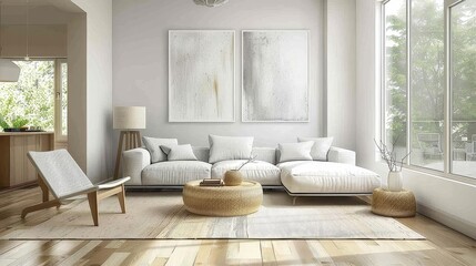 minimalist living room with artistic wall decor featuring a white couch, wood and white chair, and white pillows the room is illuminated by two white lamps, one on either side of the