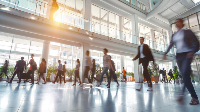 Against the backdrop of a vibrant business workplace, people walk with purpose in blurred motion, symbolizing the forward momentum and activity of the modern office space.
