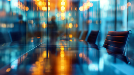 Through the glass barrier, the defocused backdrop reveals a board meeting in progress, illustrating the synergy and collaboration driving corporate discussions and decision-making.