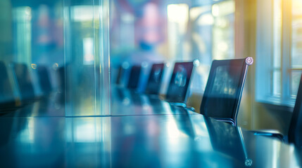 Behind the transparent enclosure, a defocused board meeting background sets the stage for corporate deliberations and decision-making processes, highlighting the intensity and focu