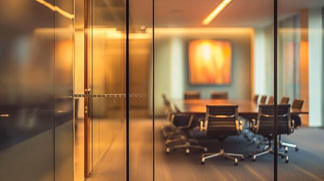 The glass wall offers a glimpse into the boardroom, where a defocused meeting unfolds, showcasing the dynamics of decision-making and teamwork in action.