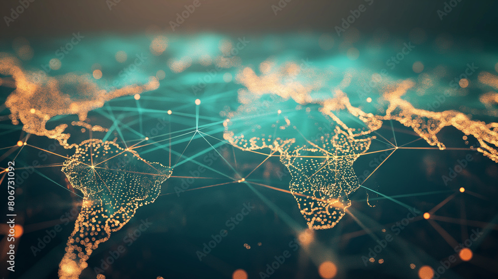 Poster a web of abstract mesh lines and dots is superimposed over a world map, illustrating the intricate c
