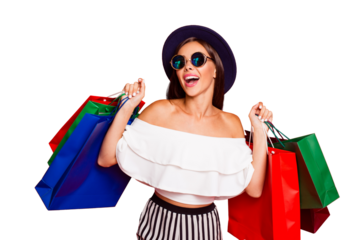 Portrait of cheerful stylish trendy attractive straight-haired lady wearing eyeglasses eyewear white off-the-shoulders ruffles blouse top enjoying leisure colorful bags isolated over red background