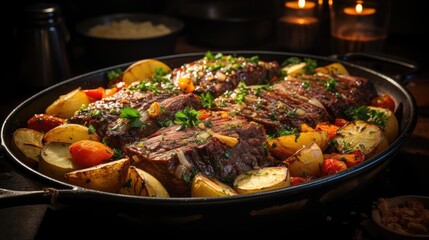 delicious pot roast meat with black and blur background