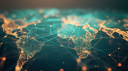 A web of abstract mesh lines and dots is superimposed over a world map, illustrating the intricate connections and interdependencies that link diverse regions and cultures around t - obrazy, fototapety, plakaty
