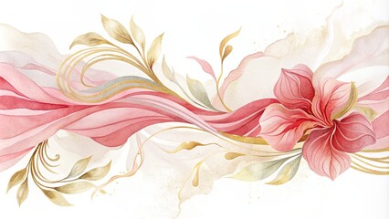 Abstract marble liquid fluid watercolor painting  illustration. Soft red pink petals, blossom flower  swirls background. AI