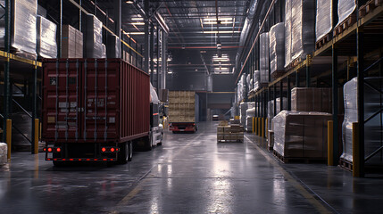 Fototapeta premium In the heart of the distribution center, a flurry of activity unfolds as pallets are stacked and sorted, while a tied-up distribution truck sits in motion, ready to transport goods