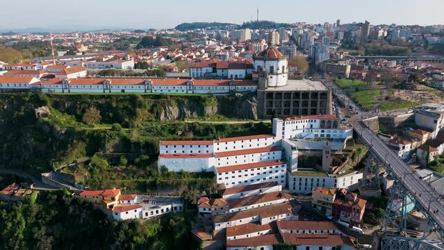 Aerial view of historic landmark Monastery of Serra do Pilar at sunny day, Porto District, Portugal