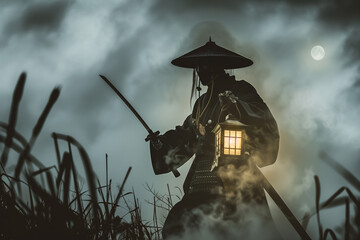 Samurai with Lantern in a Misty Field Under a Moonlit Night