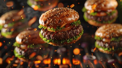 Realistic 3D grilled burgers falling in the air with ultra realistic grilled meat, detailed angle view food photo composition.