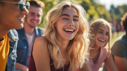 Fototapeta premium Against the backdrop of a scenic park, a group of young and trendy individuals gathers on a bench, their laughter ringing out joyfully as they enjoy each other's company, with a be