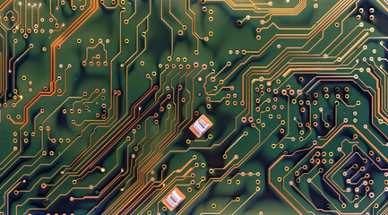 Close-up of circuit board trails, Detailed view of a green circuit board with copper paths and electronic components