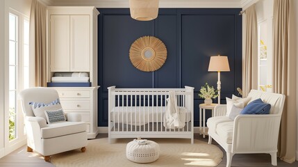 Navy blue accent wall in a cream nursery with cream furniture and navy blue accents.