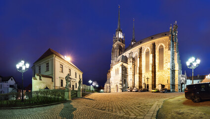 Petrov, Cathedral of St. Peter and Paul. City of Brno - Czech Republic - Europe. Night photo of beautiful old architecture.
