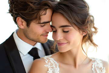 Close-up of a Joyful Bride and Groom Embracing Tenderly.