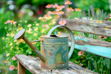 Vintage watering can on a wooden bench in flower garden on floral background