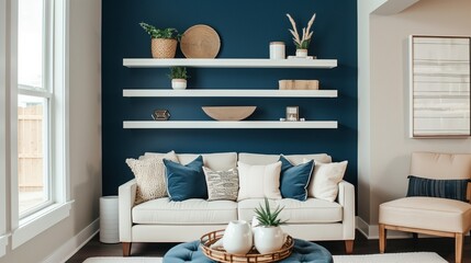 Navy blue accent wall with cream floating shelves displaying cream decor pieces.