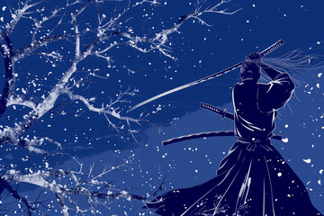 Samurai Bracing Against Strong Winds and Snow with Two Swords