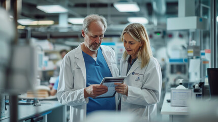 Obraz premium An older male and a middle-aged female scientist collaborate using a tablet in a lab.