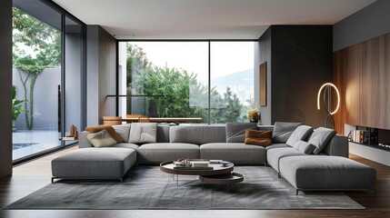 minimalist living room with modular furniture featuring a gray couch, wood table, and various pillows in shades of gray, brown, and orange the room is illuminated by a large window and