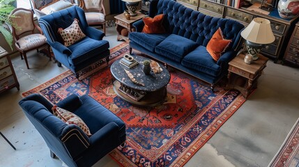 Navy blue area rug with rust red border paired with navy blue upholstered furniture.