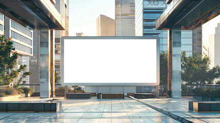 A large billboard stands empty in the middle of a bustling city, awaiting an advertisement to be displayed. Mockup