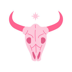 Pink core cow skull. Cowboy western and wild west theme concept. Hand drawn vector illustration. Doodle icon. Pink cow skull.