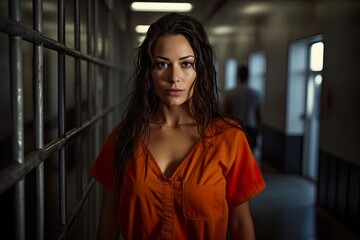 Sexy woman locked up in prison staring into the camera