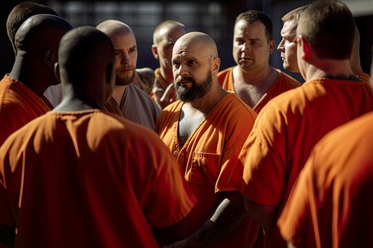 Group of men dressed as convicts in prison