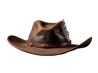 a brown cowboy hat with a feather