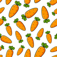 Cartoon carrot vector seamless pattern. Stylized orange vegetable with green leaves and black outline on white background.